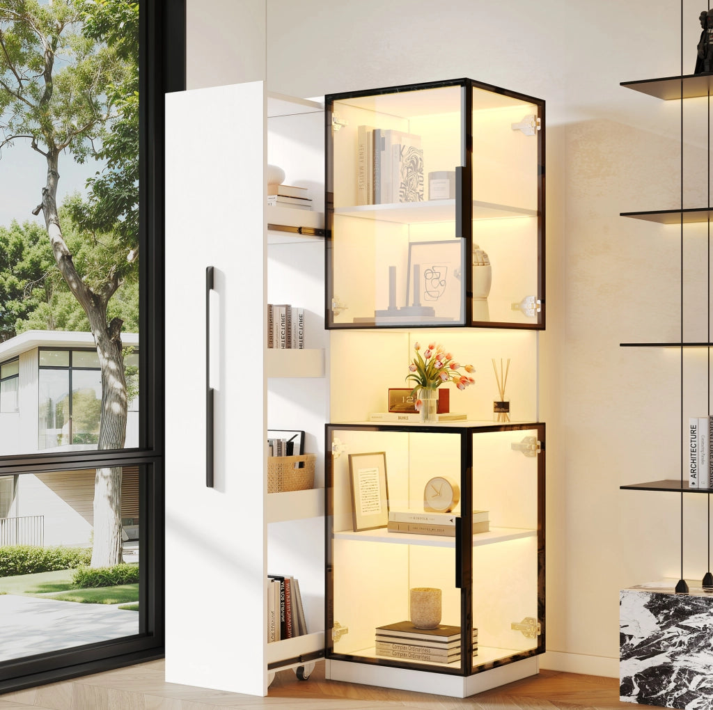 Vetrina alta 70x38x160 cm con ripiani estraibili; in MDF e vetro bianco