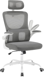 Sedia Ufficio Ergonomica, Sedie Ufficio a Rete Traspirante, Con Supporto Lombare Adattativo a Forma Di C, Poggiatesta Regolabile, Braccioli Ribaltabili, per Scrivania, Casa, Grigio