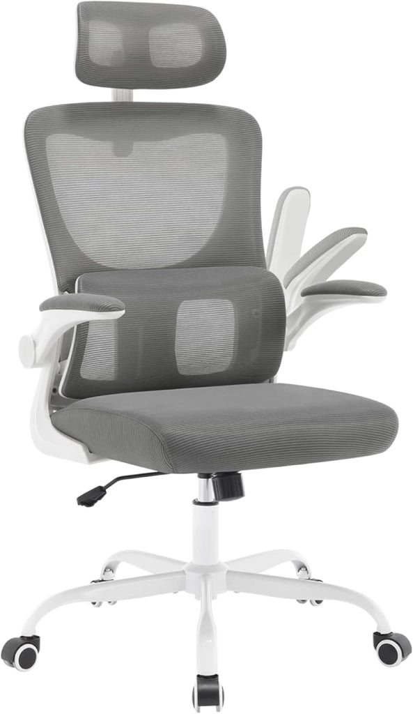 Sedia Ufficio Ergonomica, Sedie Ufficio a Rete Traspirante, Con Supporto Lombare Adattativo a Forma Di C, Poggiatesta Regolabile, Braccioli Ribaltabili, per Scrivania, Casa, Grigio