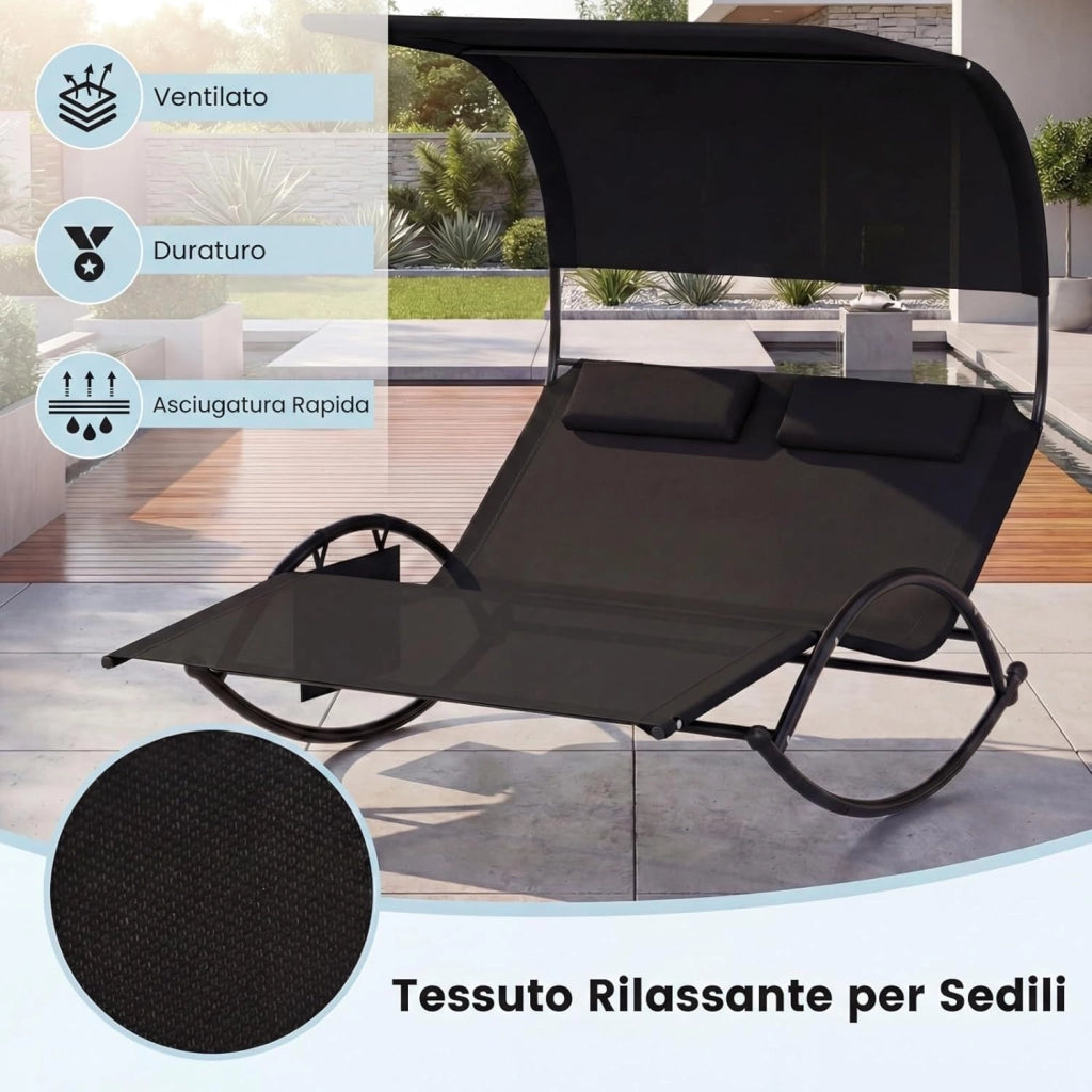 Lettino Prendisole a 2 Posti, Lettino in Tessuto Textilene, con 2 Poggiatesta Staccabili, Sedia a Dondolo da Giardino con Struttura Metallica, Lettino con Tettuccio Portata 300 kg (Nero)