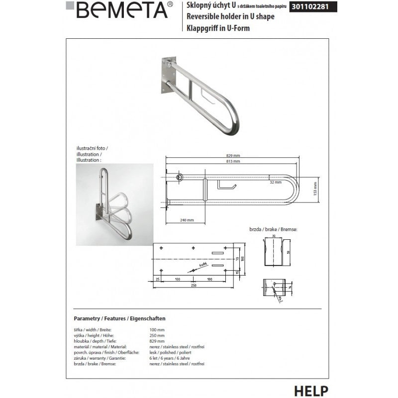 Maniglione U HELP 813 in acciaio con supp. carta igienica 82,9cm