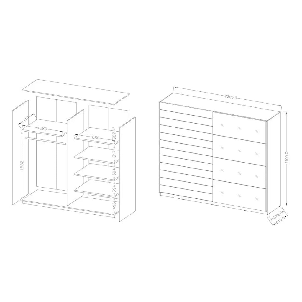 Camera da letto FLOYD: Armadio 220cm, Letto 180x200, comò, comodini. Colore rovere scuro e nero lucido.