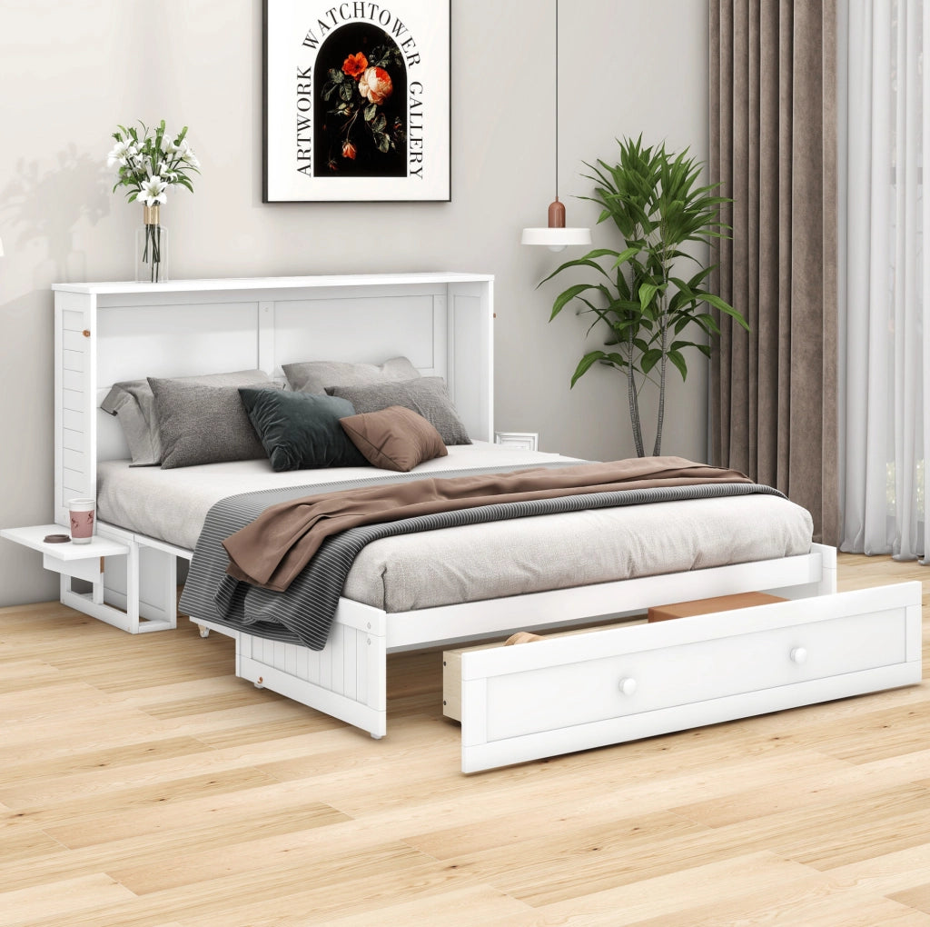 Letto a scomparsa mobile 140x200 cm con cassetti e piccolo scaffale laterale in legno bianco