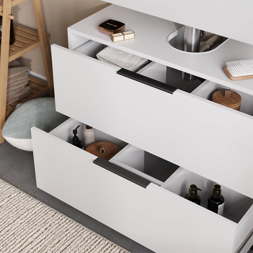 Set di mobili da bagno Alina, Bianco, 80 cm, composto da mobile sottolavabo, specchiera e colonna alta
