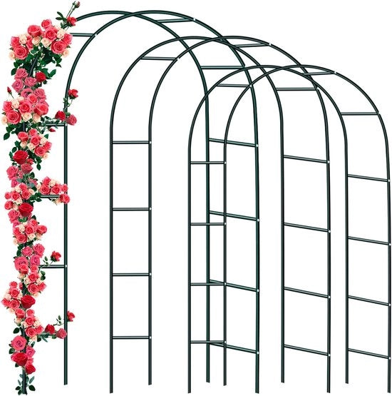 Arco metallico a forma di rosa per piante rampicanti - Pacchetto da 3, Acciaio verniciato a specchio, Decorazione giardino 240 x 140 x 38 cm Verde