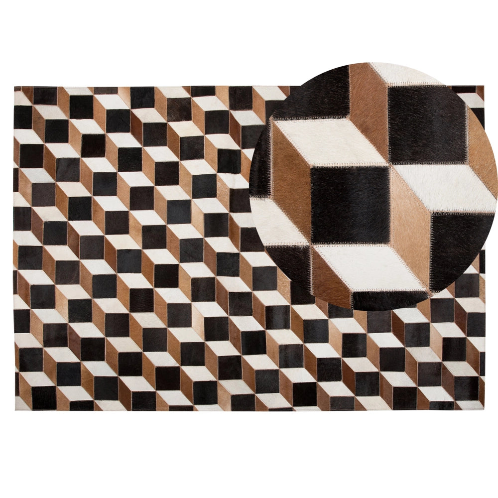 Tappeto Pelle Marrone 140 x 200 cm Moderno Patchwork Pelle Bovina Motivo 3D Tappeto Rettangolare Fatto a Mano