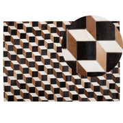 Tappeto Pelle Marrone 140 x 200 cm Moderno Patchwork Pelle Bovina Motivo 3D Tappeto Rettangolare Fatto a Mano