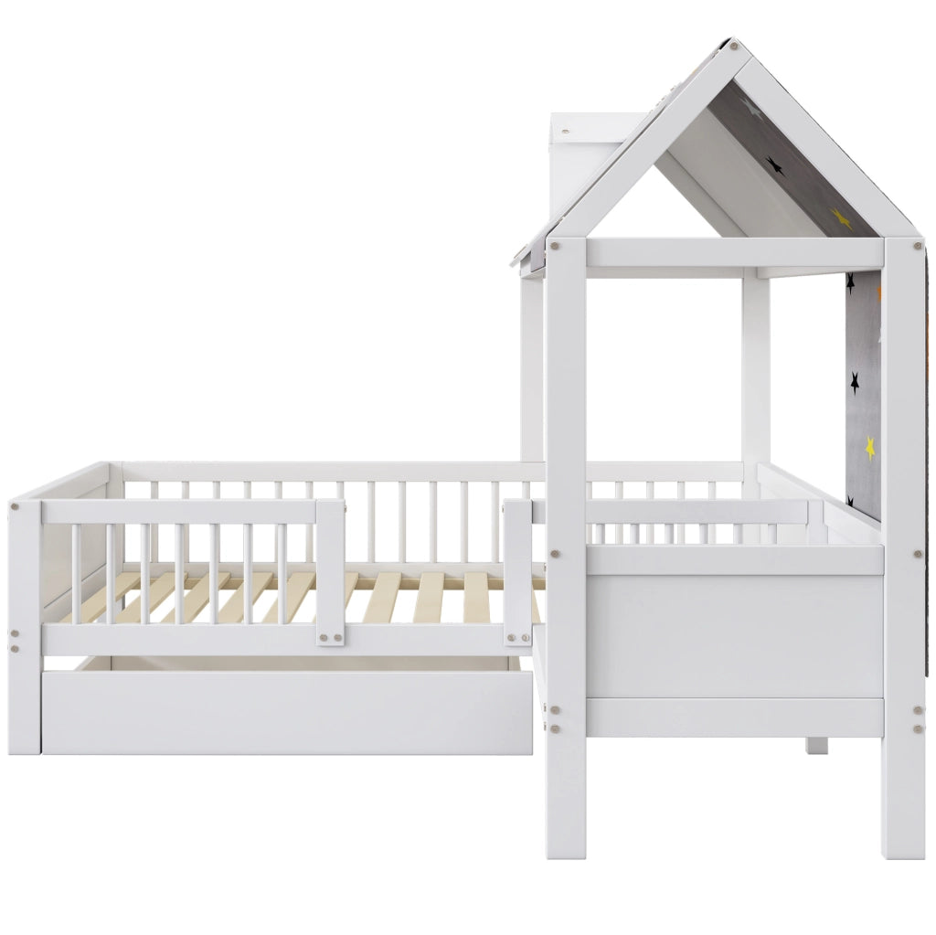 Letto per bambini a casetta 90x200 cm con cassetti in legno massello e MDF bianco