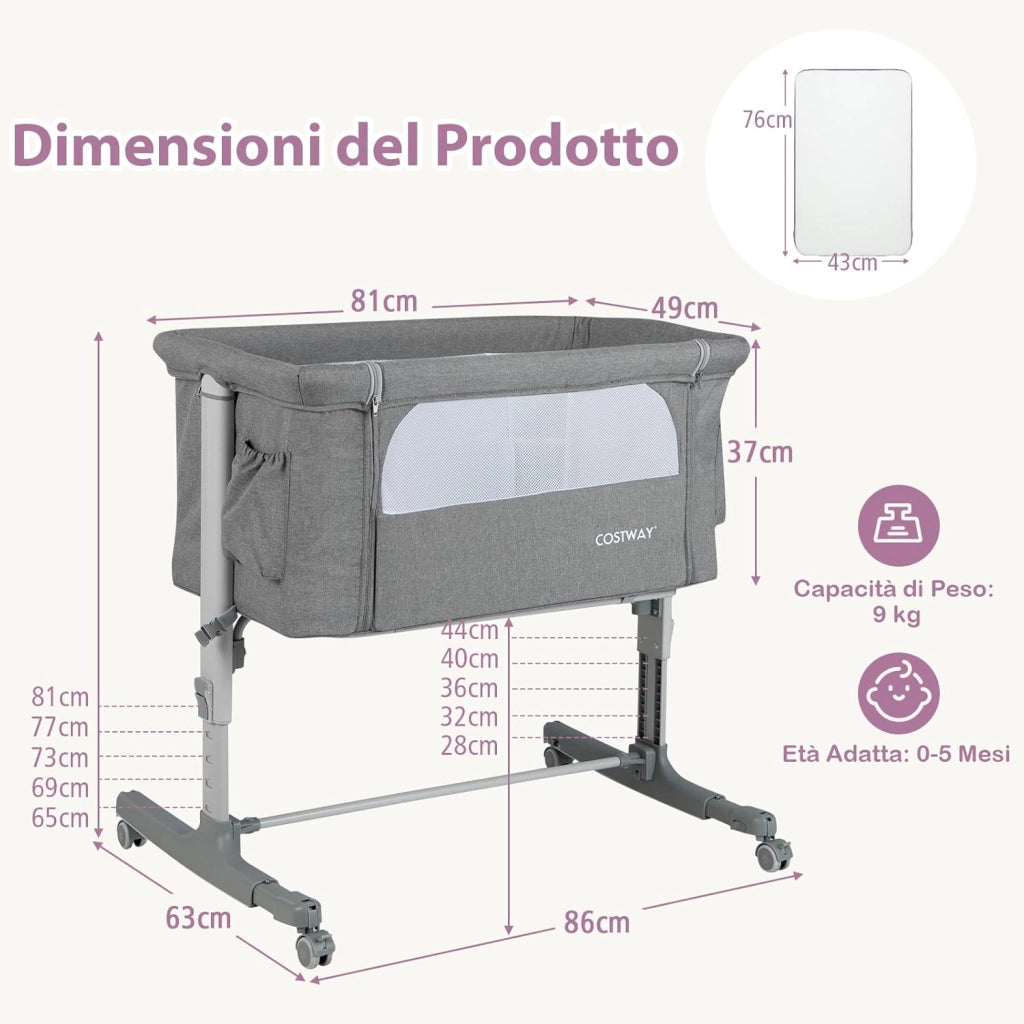Culla Neonato Fianco Letto 3 in 1, Lettino Dondolo Neonati con Materasso, Culla da Campeggio con Ruote e Borsa, Regolabile In Altezza, Inclinazione di 10°, per Bambini 0-6 Mesi (Grigio)