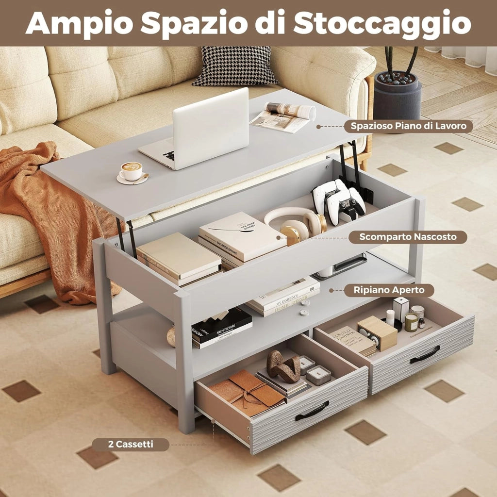 Tavolino da Caffè con Piano Sollevabile, Tavolo Basso con 2 Cassetti, Scomparto Nascosto e Mensola Aperta, Tavolino Rettangolare da Salotto, Studio e Ufficio, 100 x 46 x 50 cm, Grigio