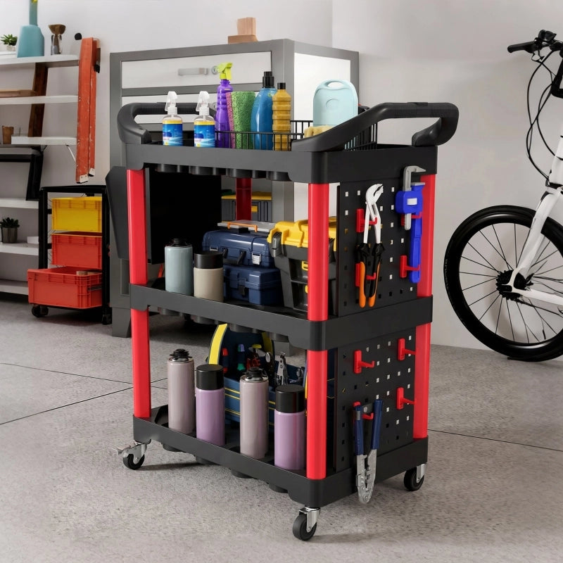 CARRELLO PORTAUTENSILI a 3 livelli 95x43x96 cm Polipropilene Nero/Rosso