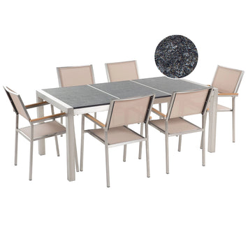 Set da Giardino Tavolo Piano Basalto Fiammato 6 Sedie Beige 180 x 90 cm Giardino Terrazzo Balcone