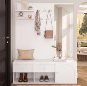 Set appendiabiti da parete con specchio, cassetti e panca, bianco, 120x35x159 cm