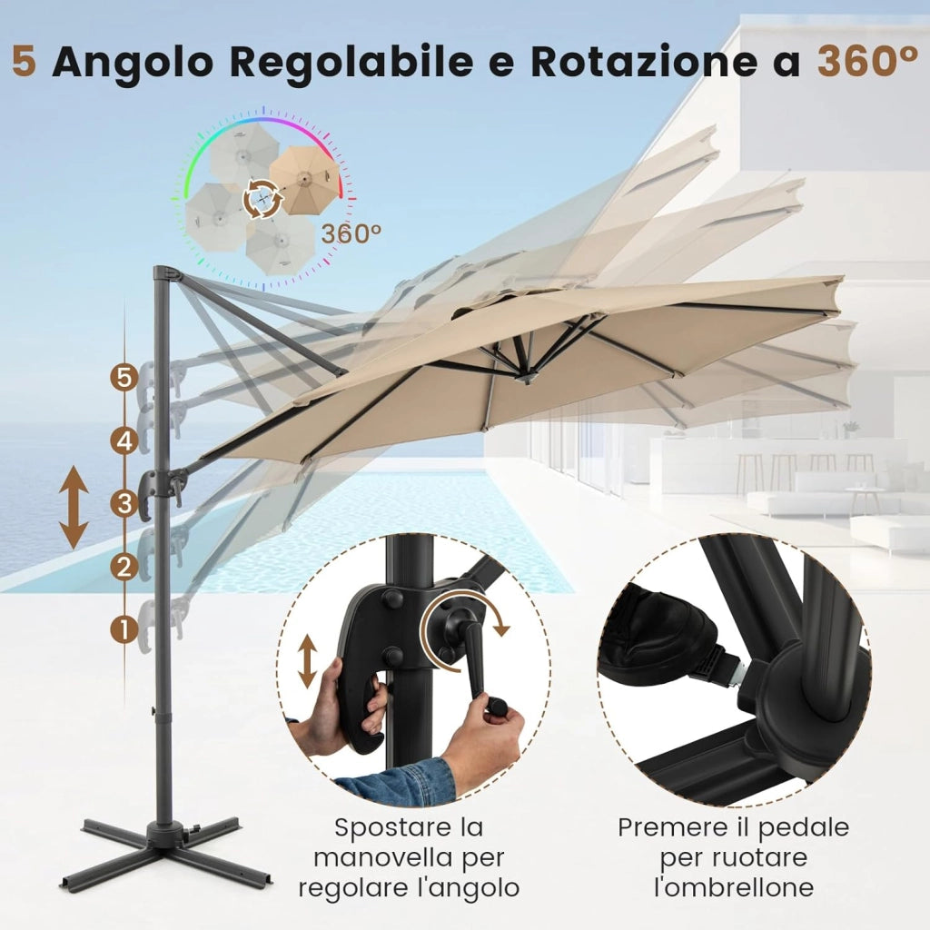 Ombrellone a Cantilever da Giardino 294 cm, Rotazione 360° e 5 Angoli Regolabili, 8 Stecche Base a Croce, Impermeabile, per Cortile Piscina Esterno (Beige)