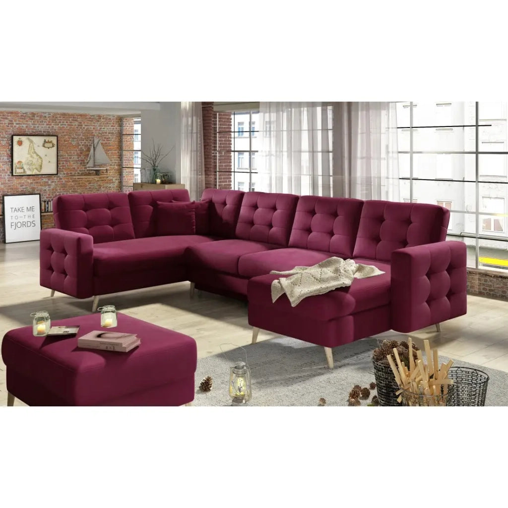 Divano angolare panoramico convertibile HASGARD U 326 cm viola con contenitore