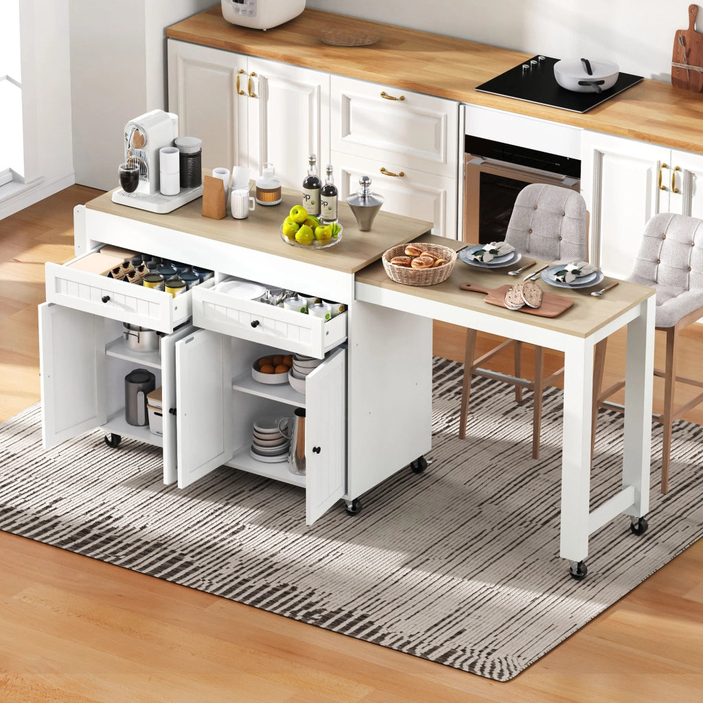 Carrello da Cucina con Cassetti e Piano Estensibile con Ruote per Cucina e Sala da Pranzo in MDF 112-180.5x45x92.2 cm Bianco e Naturale