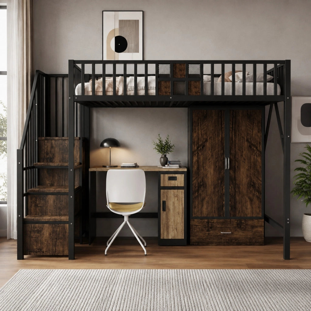 Letto a soppalco 90x200 cm in metallo e legno; nero; con armadio; cassetto e scala contenitore