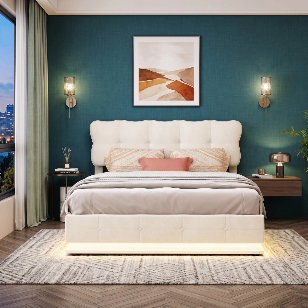 Letto matrimoniale 140x200 cm con contenitore,testiera regolabile e illuminazione LED struttura letto matrimoniale in metallo legno e velluto - beige