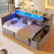 OKWISH Letto a Divano 90×190 cm, Letto Singolo con 2 Cassetti, USB, Tipo C, Mensola e LED Regolabile, senza Materasso, Velluto, Grigio Scuro
