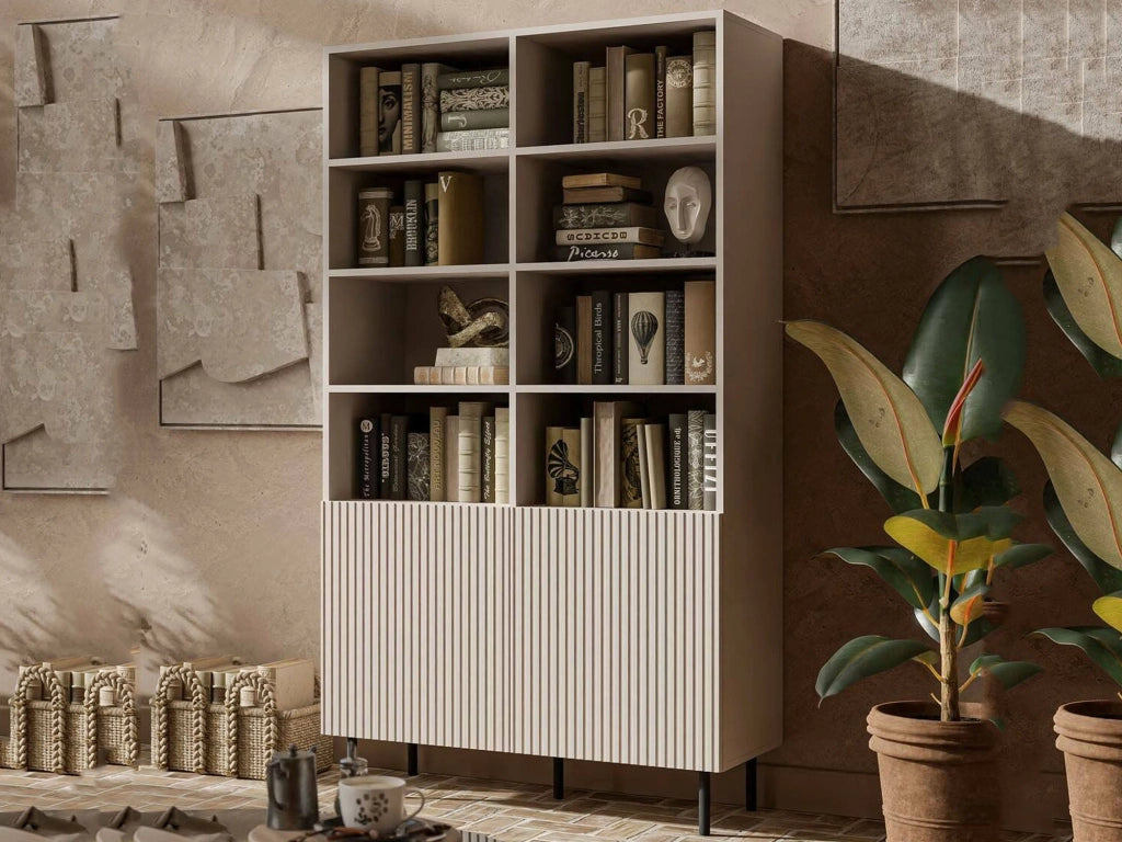 Libreria Ghilarza, Mobile portalibri con vani aperti e due ante, Rialzato da terra, 100x42 h177 cm, Beige