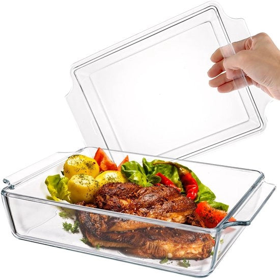 Ovenschotel 2L in vetro termoresistente - rettangolare - con coperchio - a forma di lasagna - per forno - facile da pulire - Casserole