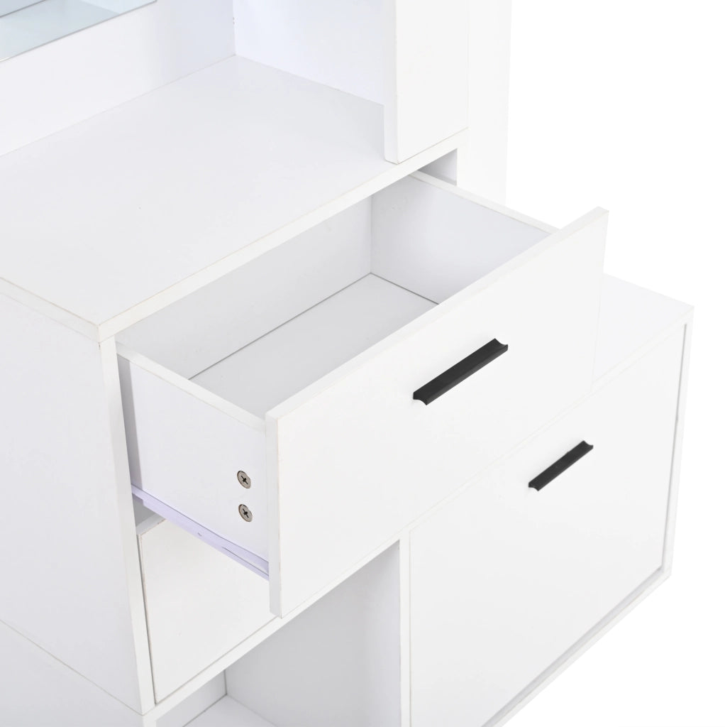 Garderoba 90x30x180 cm con specchio; ripiani pieghevoli e ganci in MDF bianco