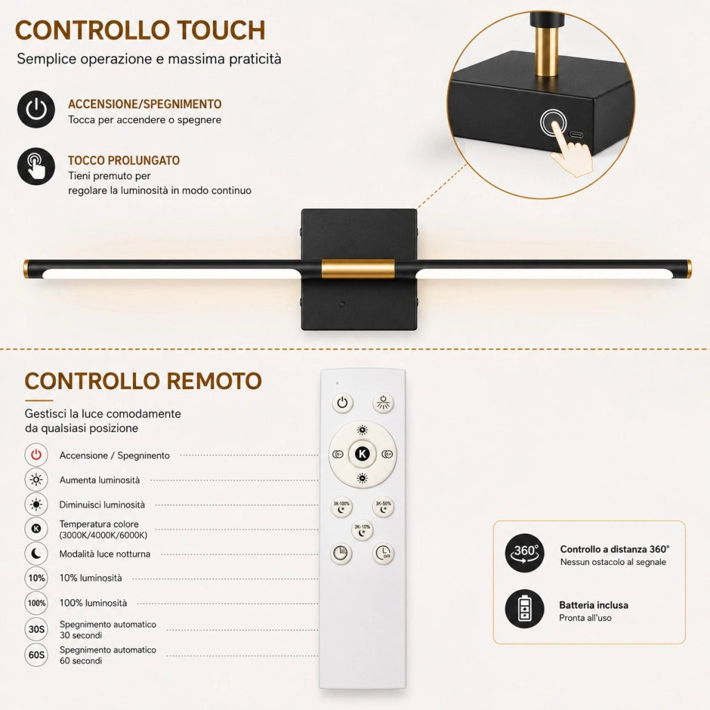 Coppia Applique LED Lineari Senza Fili 70CM Ricaricabili USB con Telecomando Touch e Rotazione 350° Nero Oro