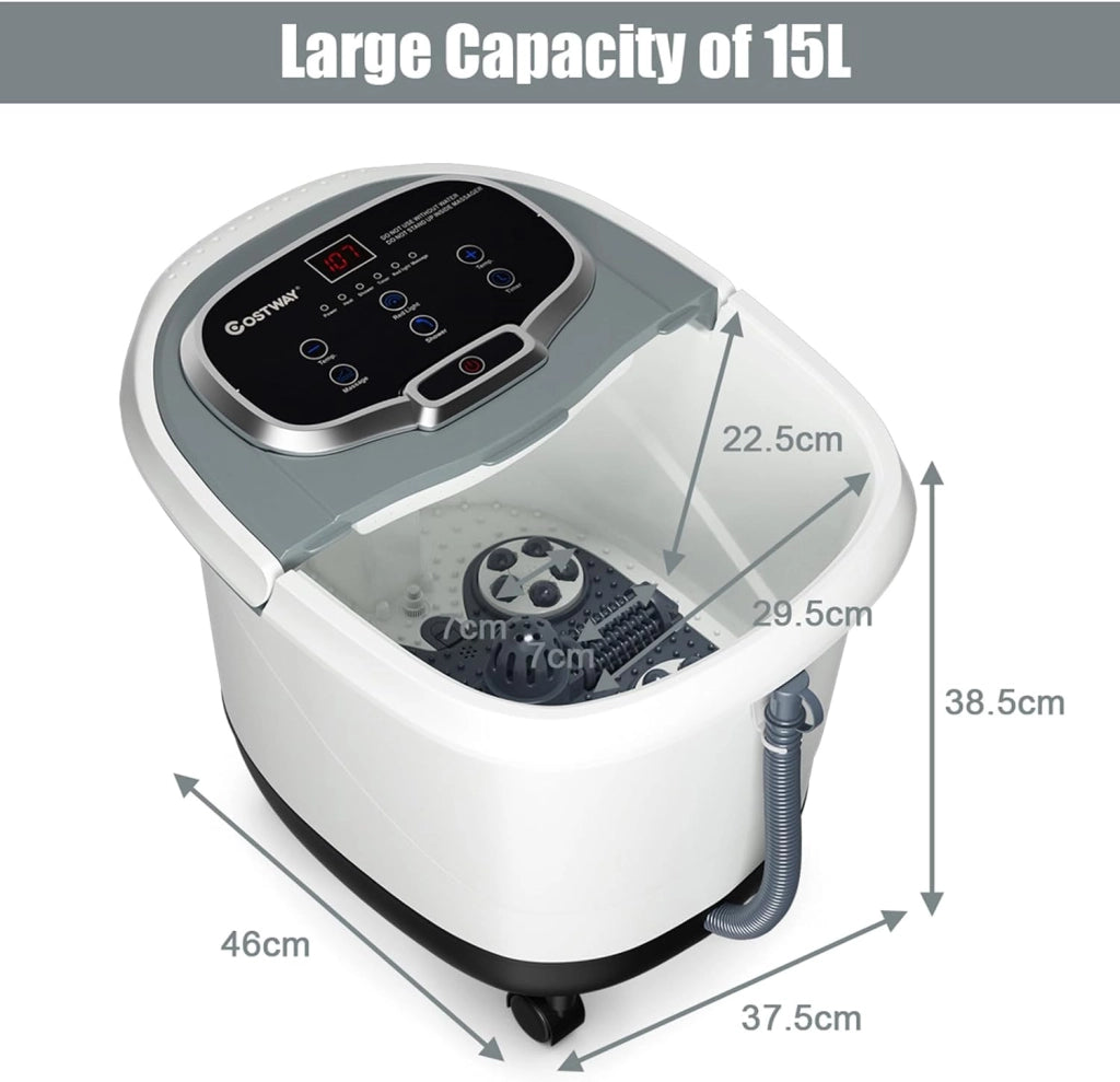 Idromassaggio per Piedi, Pediluvio Massaggiatore Plantare Massaggio Shiatsu, con Funzione Calore Timer e Rulli Luce a Infrarossi, Idromassaggiatore 15L (Grigio)