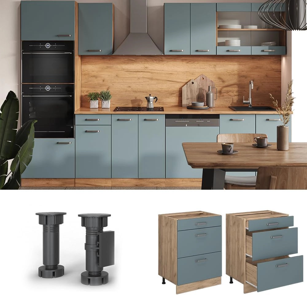 Mobiletto base per cucina R-Line, Grigio-blu, 60 cm con cassetti, senza piano di lavoro, per la libera combinazione all'interno di sistemi cucina modulari