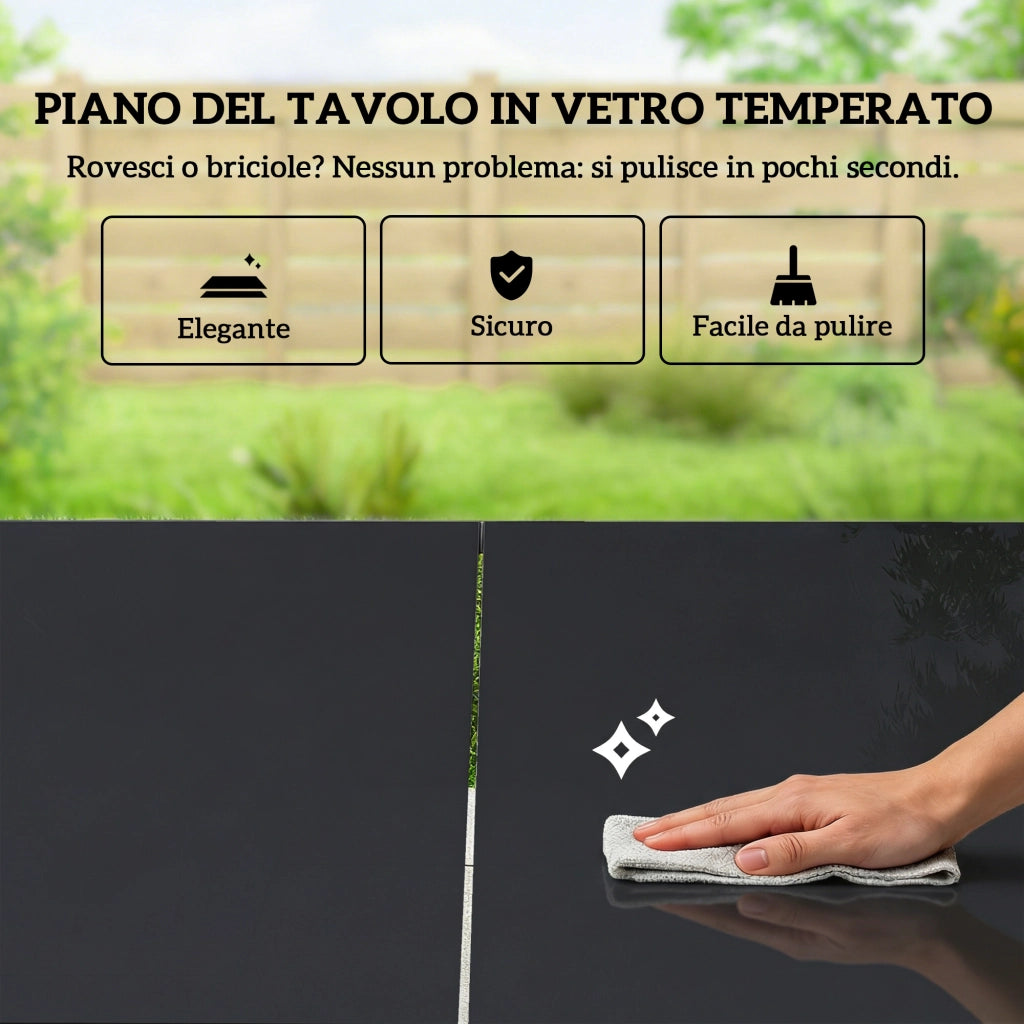Set 7 Pezzi con Tavolo 150x80x73 cm e 6 Sedie da Giardino con Braccioli in Acciaio e Vetro Nero