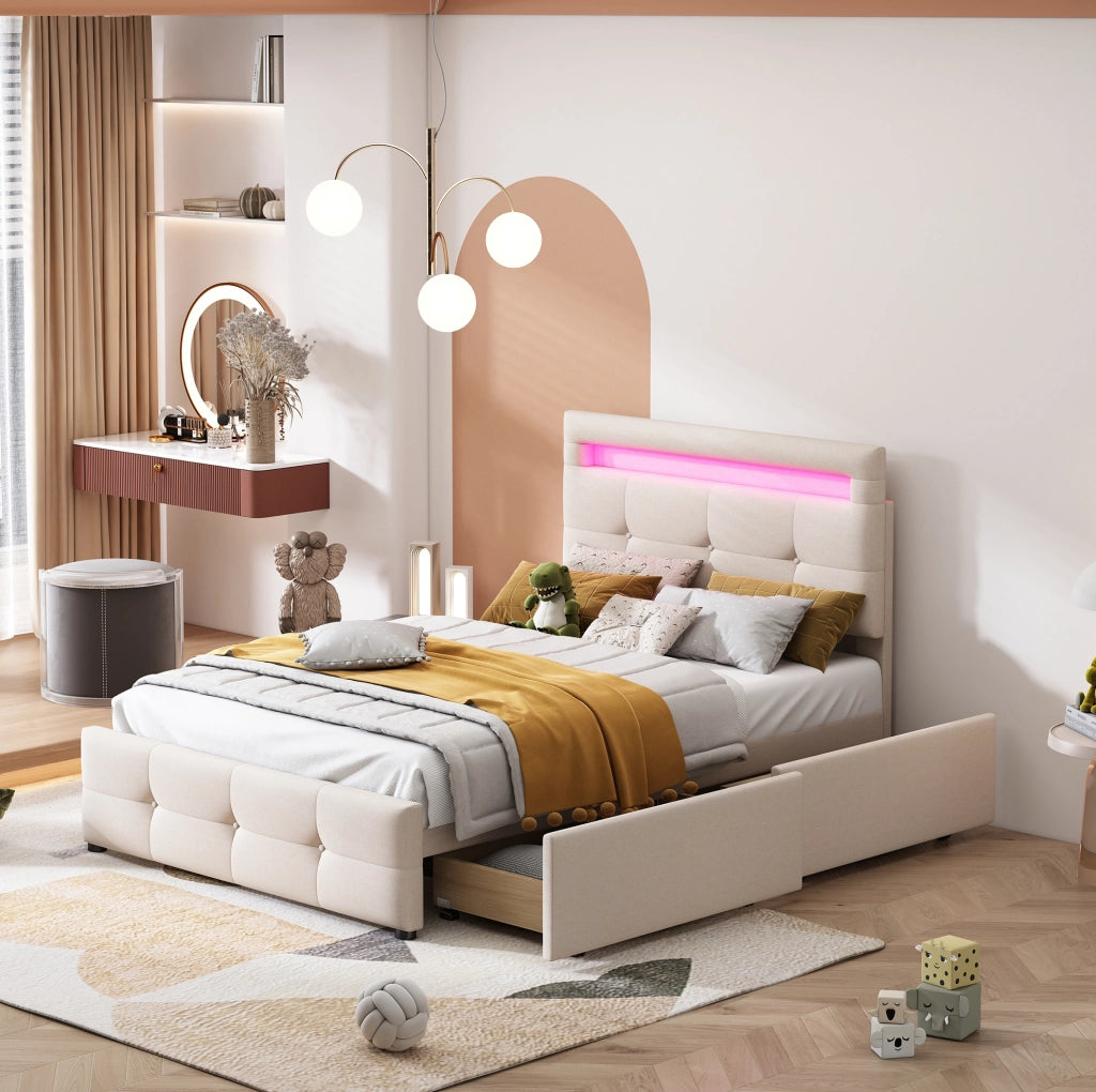 Letto imbottito beige con LED e 2 cassetti