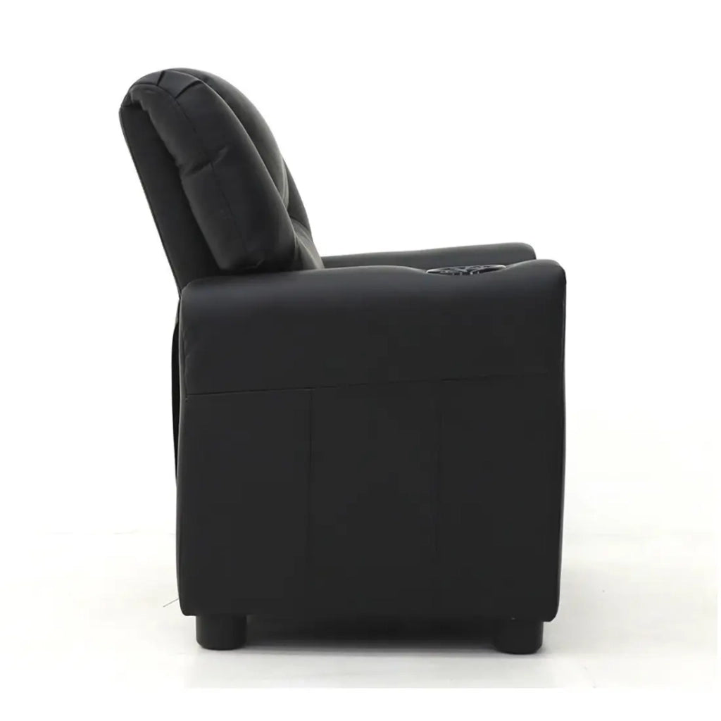 Mini poltrona relax ITCHI reclinabile manualmente in materiale PU di colore nero.