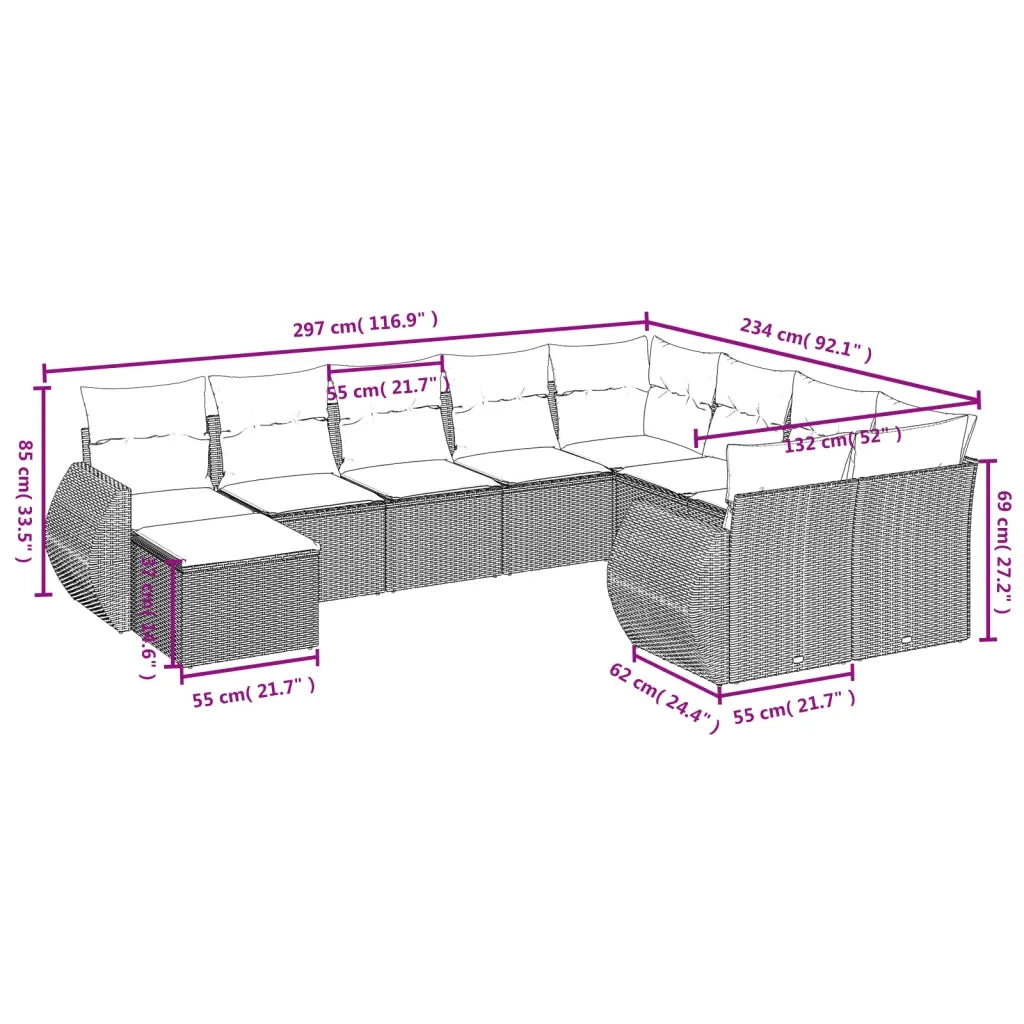 Set Divano da Giardino 10 pz con Cuscini Beige in Polyrattan 3225170