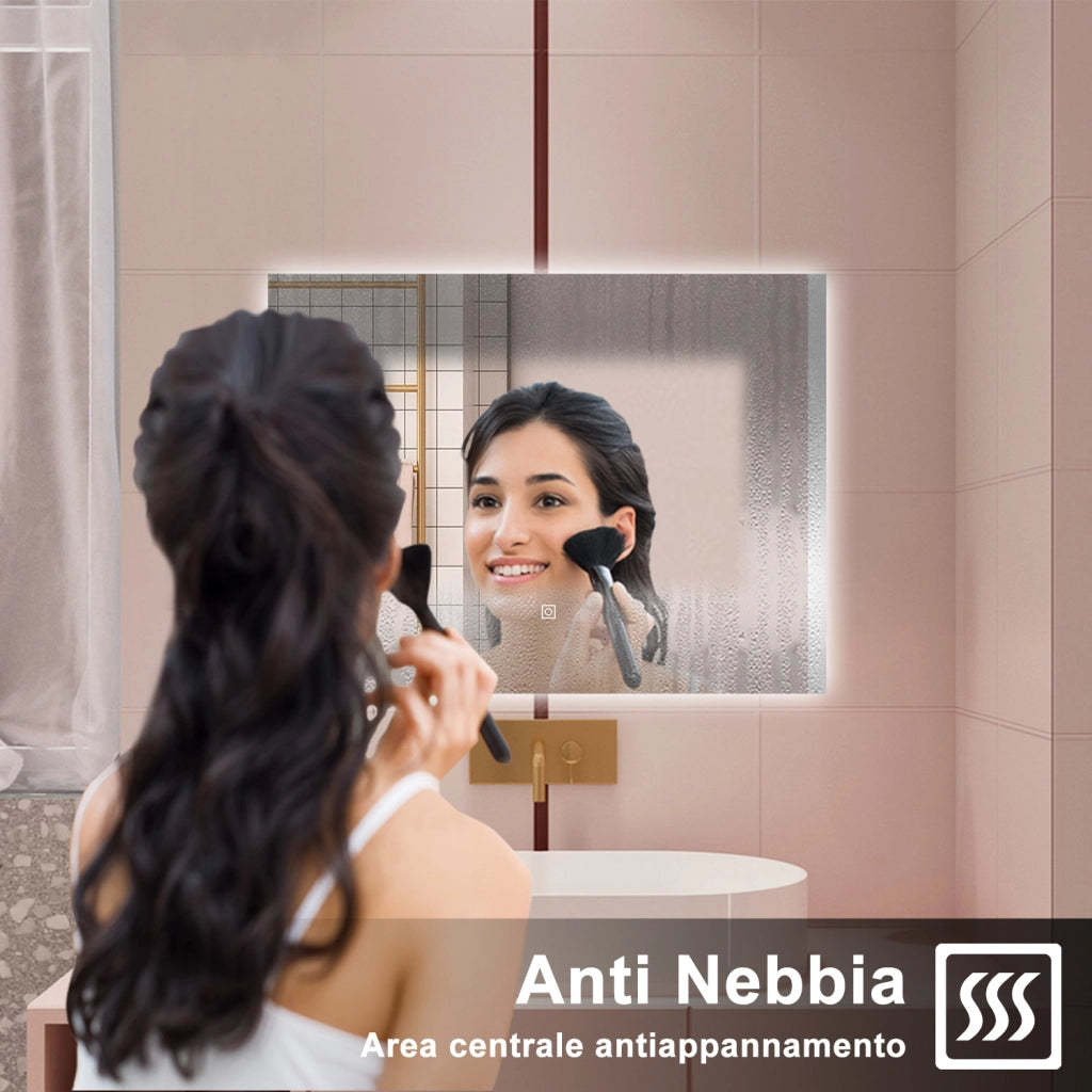 AICA Specchio da bagno 80 x 60 cm, antiappannamento, dimmerabile, interruttore touch, Funzione Memoria