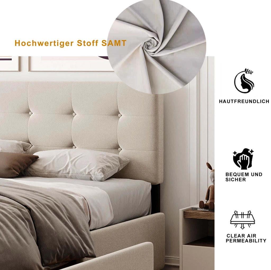 Letto imbottito 140x200 cm con 4 cassetti; struttura in acciaio; beige