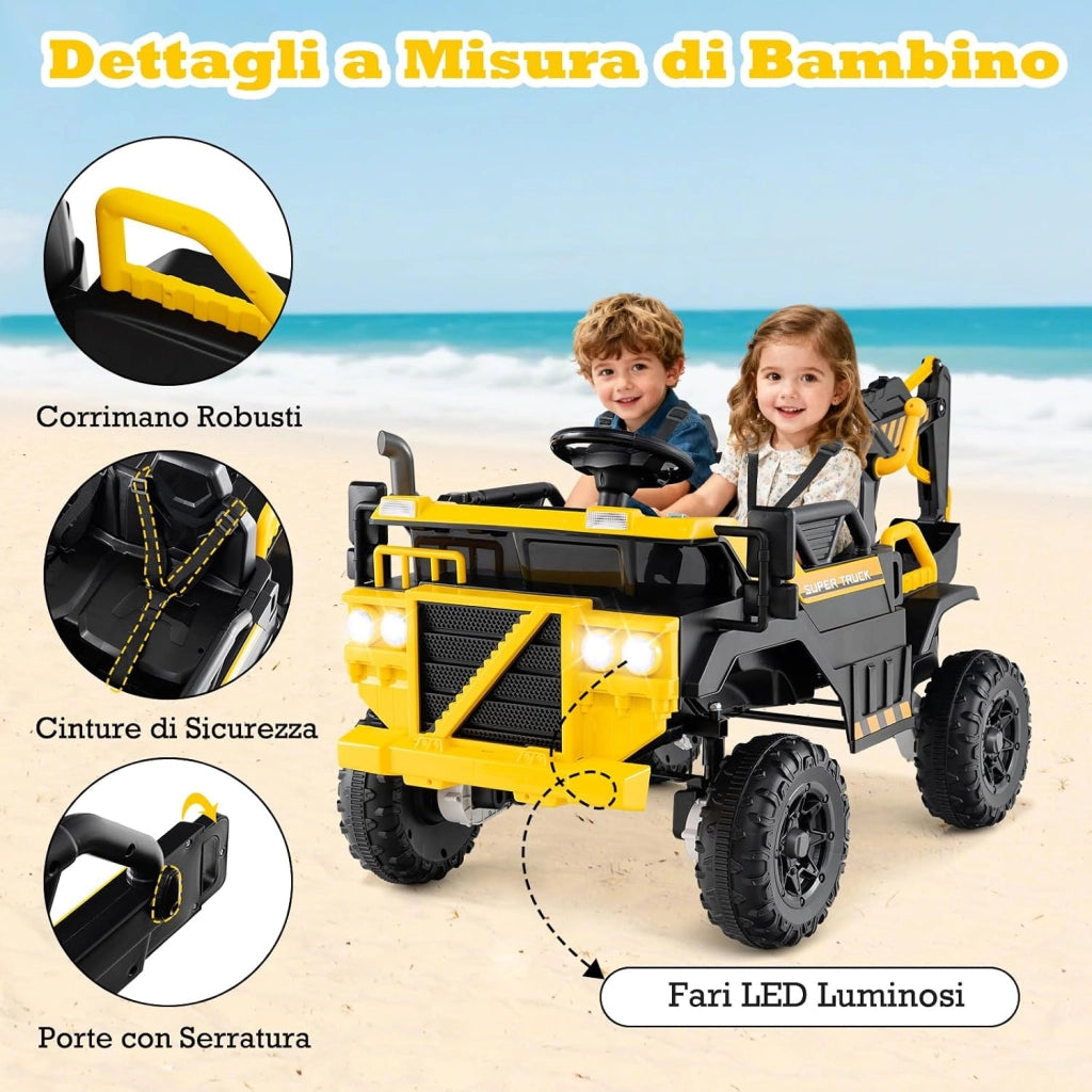 24V Escavatore Elettrico per Bambini, Veicolo da Costruzione 4WD con Telecomando, Musica, Luci, Braccio Scavante, Giocattolo Elettrico per Bambini 3 Anni+