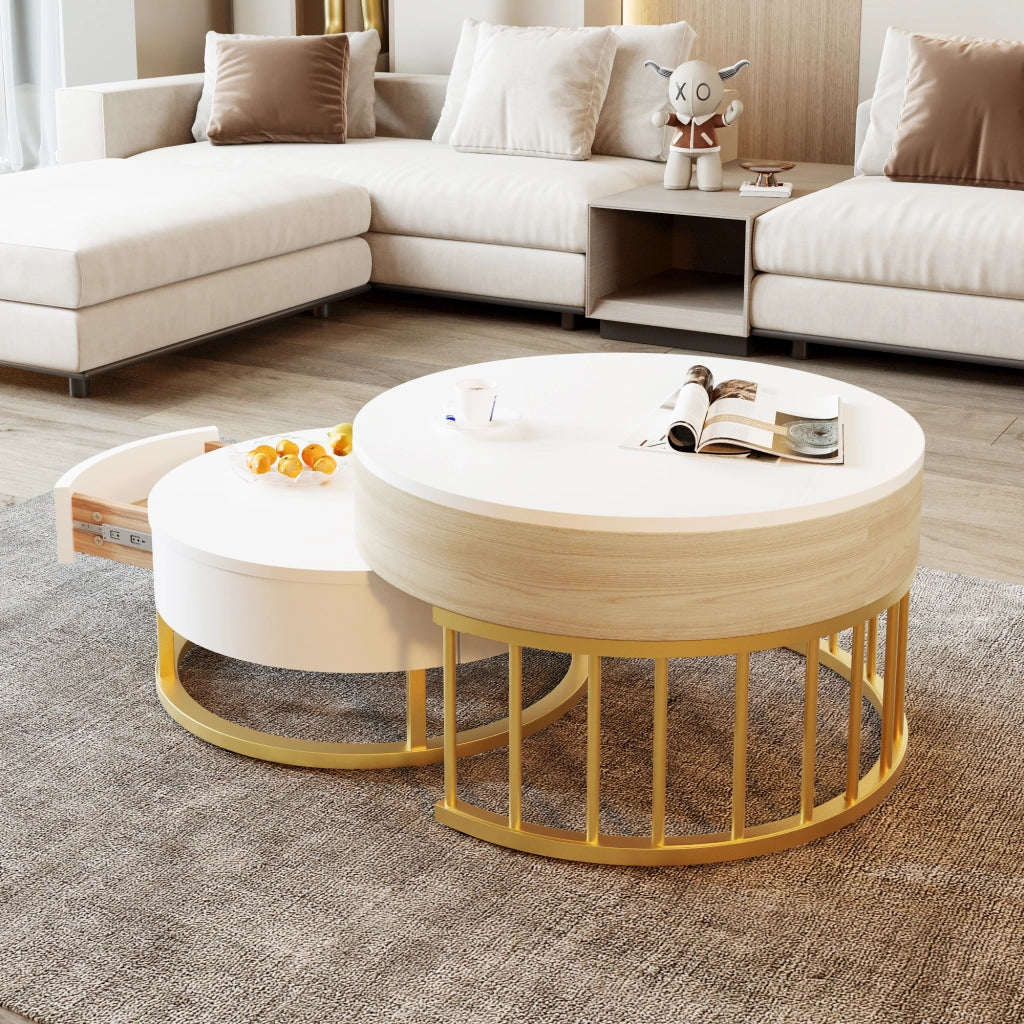 Tavolino da salotto 70x70x56 cm; 60x60x27 cm; piano sollevabile con cassetto; MDF; bianco