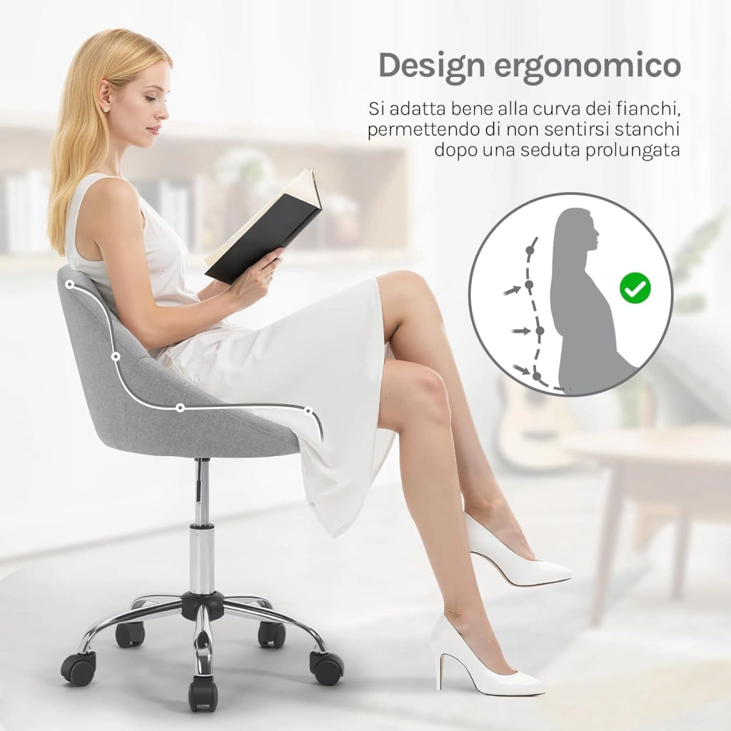Sedia da Ufficio Ergonomica e Girevole - Regolabile in Altezza Con Rotelle per Casa, Trucco, Scrivania, Camera da Letto, Studio - Lino, BS168gr