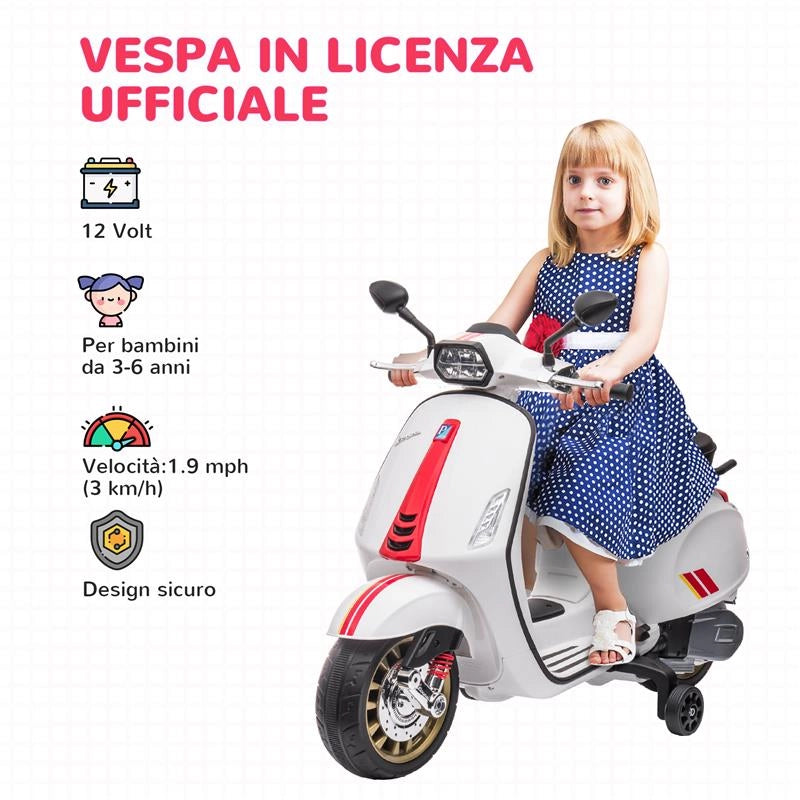 MOTO ELETTRICA PER BAMBINI A LICENZA VESPA CON ROTELLE, FANALE E MUSICA, IN PP E METALLO, 107X47X73 CM, BIANCO