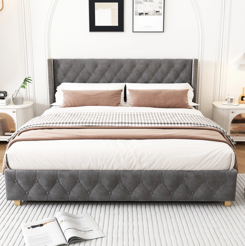 Letto imbottito 140x190 cm in velluto grigio con rete a doghe