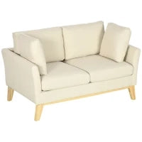 Divano da 2 Posti in Legno di Eucalipto e Tessuto Effetto Lino con 2 Cuscini, 137x78x78 cm, Beige