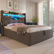 Letto singolo 90x200 cm contenitore con LED; USB C e tessuto lino grigio