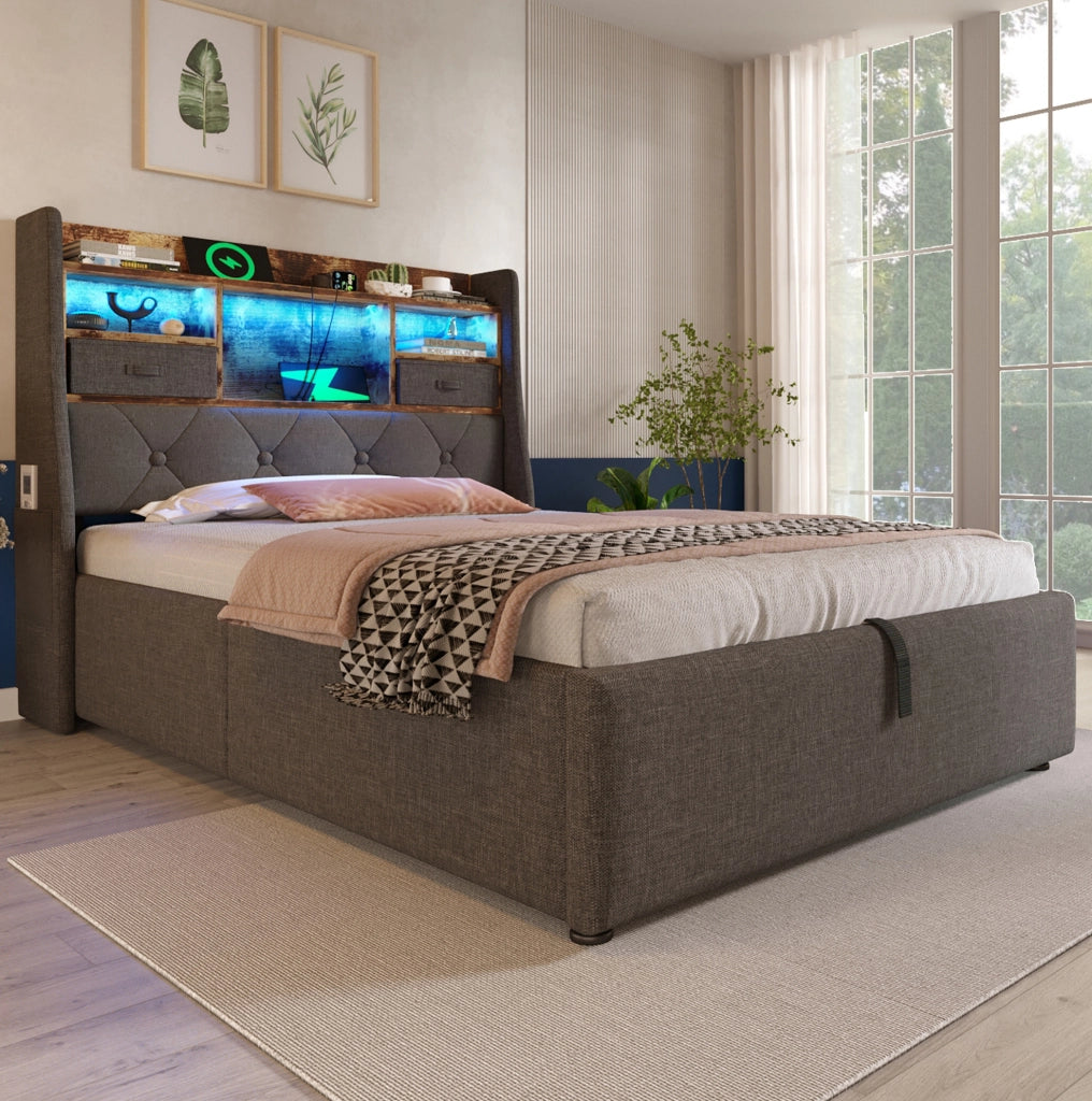 Letto singolo 90x200 cm contenitore con LED; USB C e tessuto lino grigio