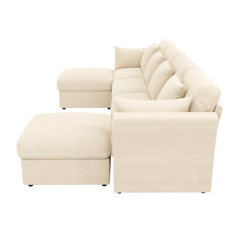 Divano angolare modulare a U in velluto a coste beige con pouf e braccioli regolabili