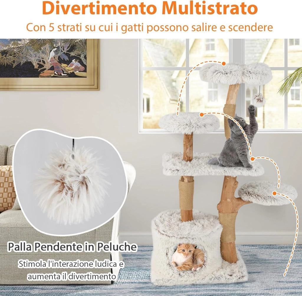 Tiragraffi per Gatto Alto 135 cm, Albero Tiragraffi in Legno di Pero Naturale con Grotta e 6 Piani, Torre per Gatti Imbottito in Peluche con Corde Juta e Pompon, Bianco