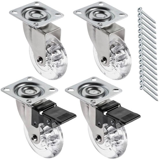 2 ruote con freni, 2 ruote senza freni, in acciaio e gomma, +16 viti PanHead 5x15/16, diametro: 75 mm, colore: trasparente