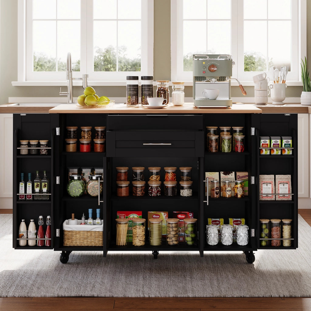 Carrello da Cucina Nero 136x70x92 cm con Piano Ribaltabile; Ripiani Regolabili e Portasciugamani