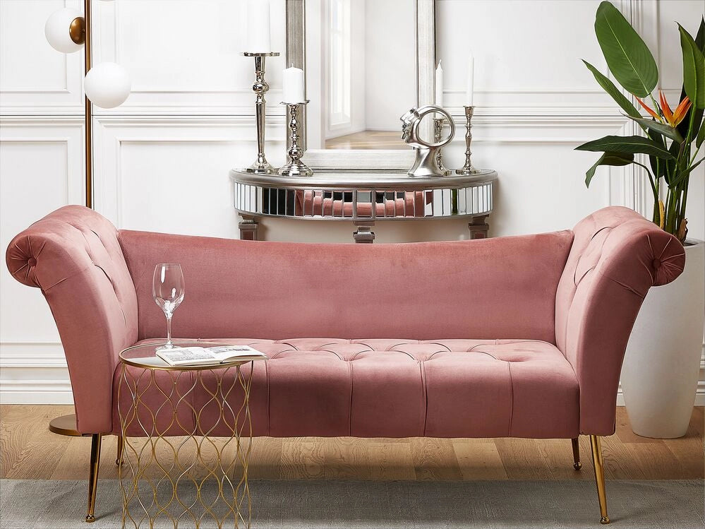 Chaise longue con tappezzeria in velluto rosa Seduta capitonné a doppia estremità con gambe in metallo dorato