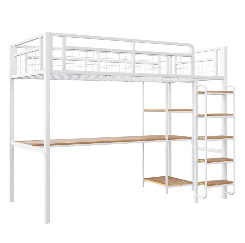 Letto a soppalco 90x200 cm con scrivania e ripiani in metallo bianco