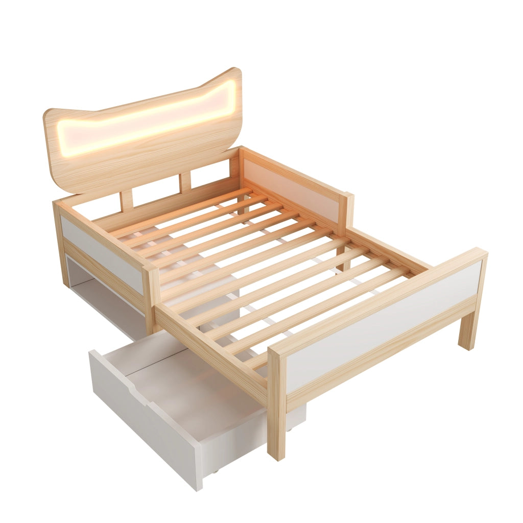 Letto singolo 90x190 cm con testiera a forma di gatto, LED RGB, rete a doghe, cassetto e vano contenitore, bianco e rovere